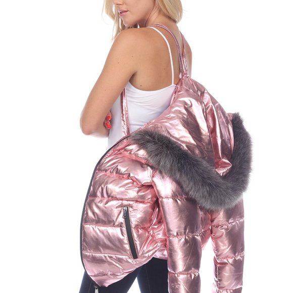 White Mark Jackets & Coats Pink Metallic Puffer Coat With Fur Hood